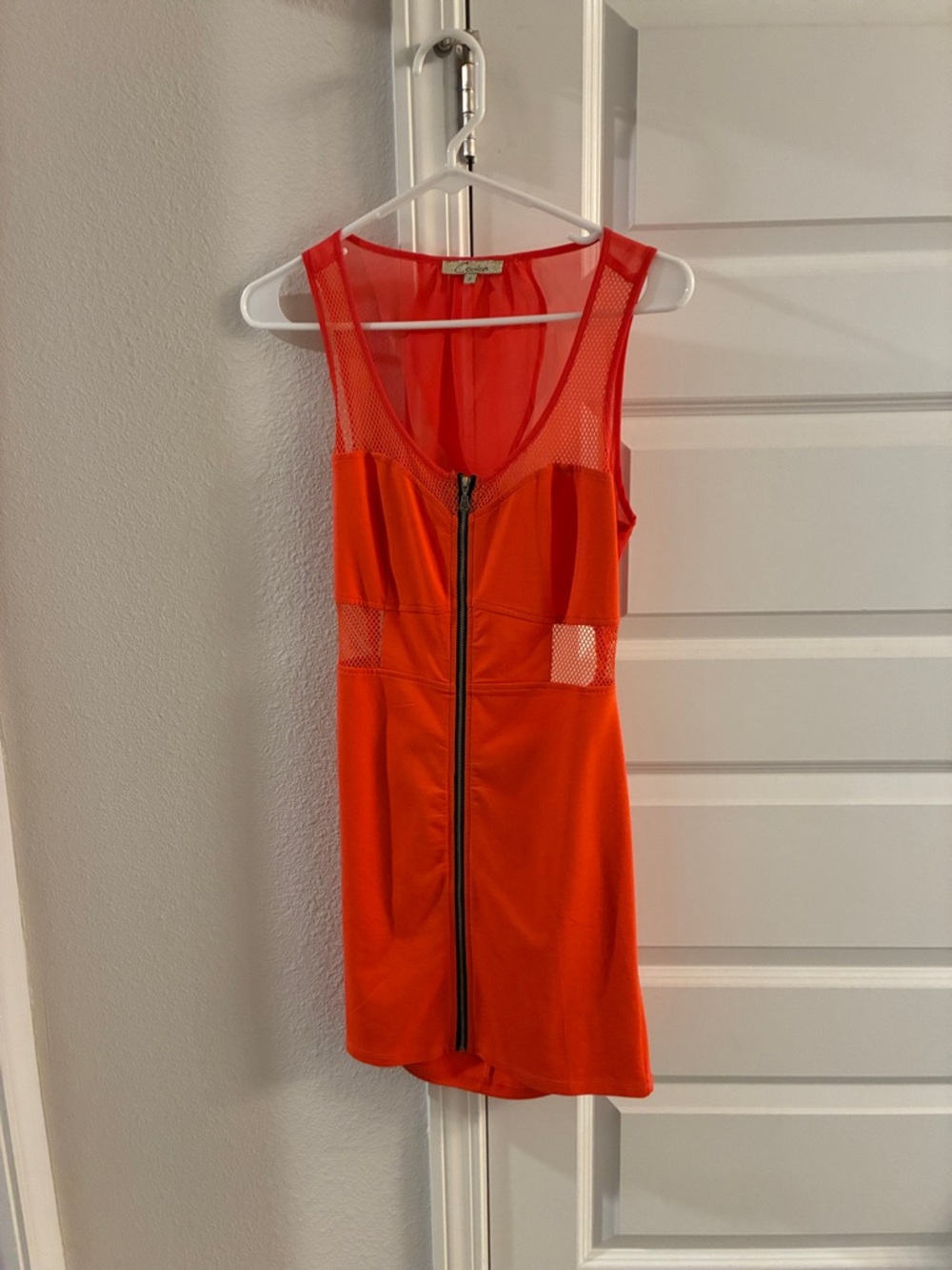 Women’s Bright Orange Sleeveless Mesh Panel Bodycon Dress with Front Zip